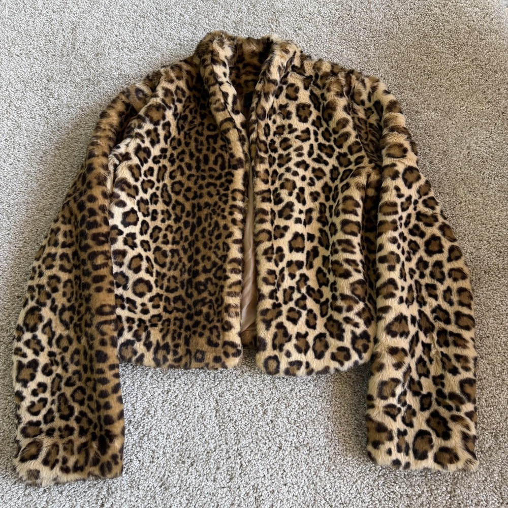 Trouvé Jacket Womens Small Brown Faux Fur Leopard Print Short Lined Collared